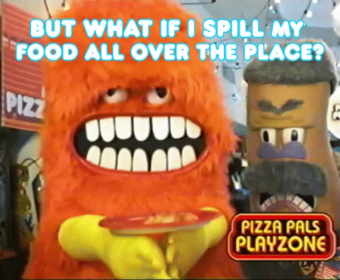 Pizza Pals Playzone add where monster drops pizza and asks But What if I spill my food all over the place?
