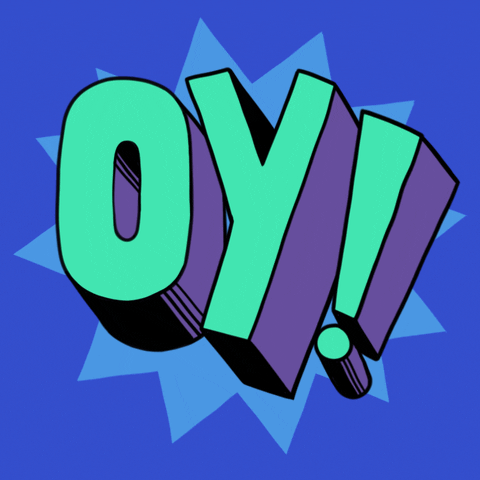 Text gif. Giant, green block letters emphasized by a blue dodecagram read, "yo," then rearrange to say, "oy," and back again.