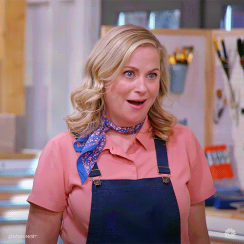 Parks and Recreation gif. Amy Poehler as Leslie stands in the kitchen wearing an apron. She opens her mouth to smile and gasp like she's overcome with joy. 