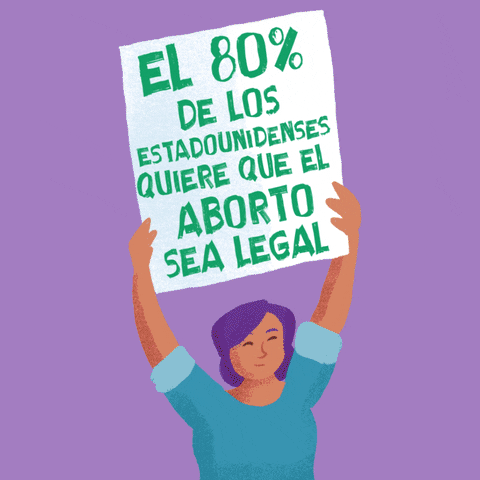 Digital art gif. Flips through different colored backgrounds and animations of six people of different genders and races, all holding aloft a sign that reads, "El 80% de los estadounidenses quiere que el aborto sea legal."