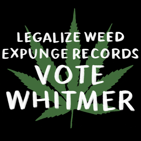 Digital art gif. Green marijuana leaf on a black background with a message in white marker font, "Legalize weed, expunge records, Vote Whitmer."