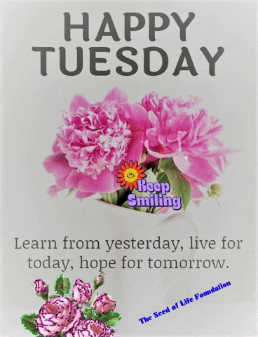 Illustrated gif. An illustration of a pink flower. A digital sticker on top of the flower with a smiley flower that moves around says, “Keep smiling.” Another digital sticker is a pink sparkly rose. Text, “Happy Tuesday. LEarn from yesterday, live for today, hope for tomorrow.”
