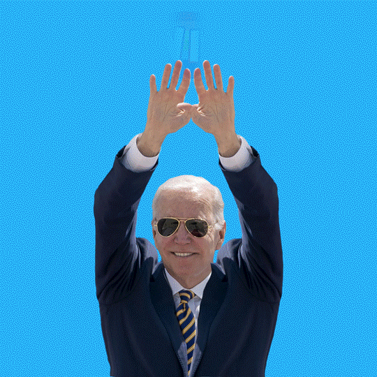 Political gif. Joe Biden, on a teal background, in his signature aviator sunglasses, carves an arc with his hands above his head, revealing a rainbow that says "Better with Biden."