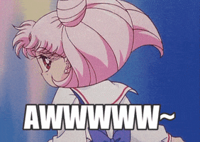 Anime gif. Sailor Mini Moon turns in surprise, then basks in delight. Text, "Awwww~"