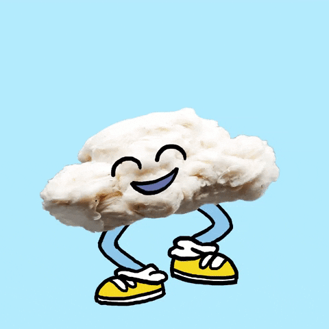 Illustrated gif. A cloud with blue legs and yellow sneakers bobs up and down and smiles with joy.
