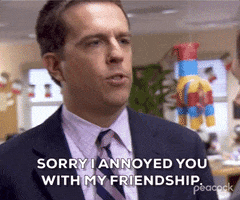 The Office gif. Ed Helms as Andy Bernard appears stoic but frowns as he says "Sorry I annoyed you with my friendship."