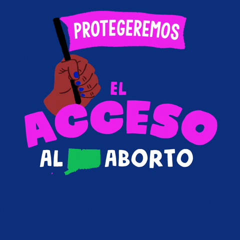 Text gif. Brown hand with blue fingernails in front of navy blue background waves a purple flag up and down that reads, “Protegeremos” followed by the text, “El acceso al aborto Connecticut.”