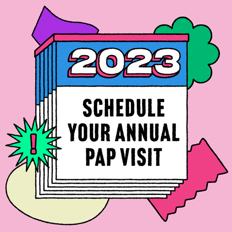 Digital art gif. One-a-day calendar surrounded by bubblegum-pink and bold colorful shapes, every page reading, "2023, schedule your annual Pap visit."