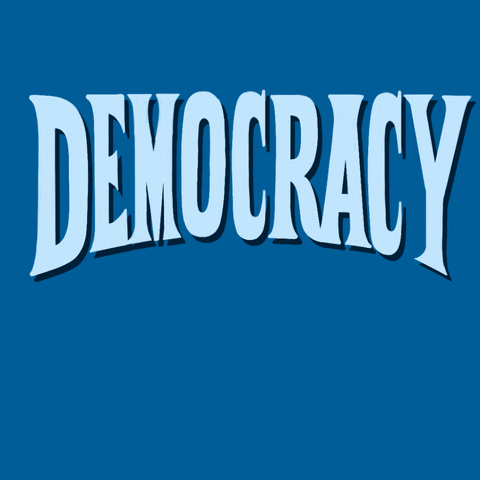 Text gif. Ice-blue graphic sign-lettering on a steel-blue background reads "Democracy," script materializing beneath reading, "Wins!"