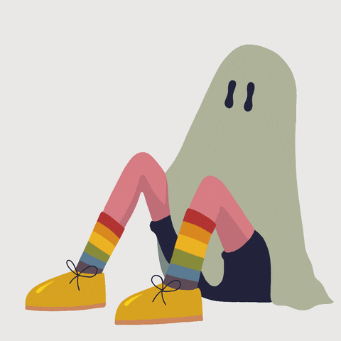 Digital art gif. A person with a ghost costume on points down at their socks, which are rainbow colored, and shoes, which are gold and sparkly. 