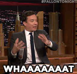 The Tonight Show gif. Jimmy Fallon yells with intense excitement and raised hands. With drawn out A's text reads, "What."