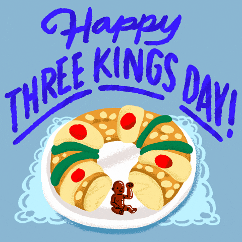 Digital art gif. Rosca de Reyes cake on a doily on a pale blue background, a tiny baby waving like a Lucky Cat, sitting in the space where a slice once was. Text, "Happy Three Kings Day!"