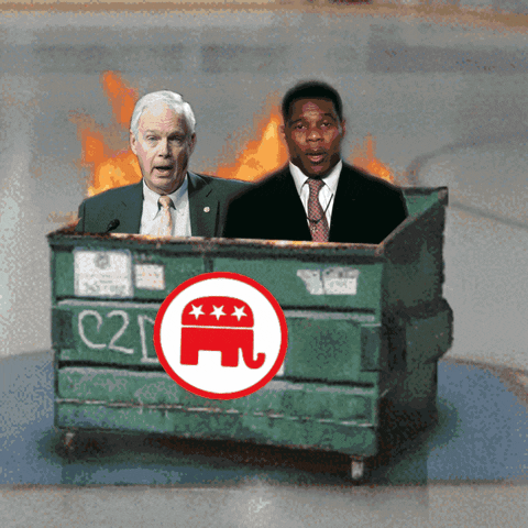 Political gif. Senator Ron Johnson and Herschel Walker emerge from a raging dumpster fire. The dumpster is stamped with a red and white elephant.