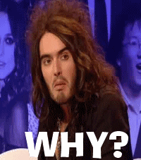 Celebrity gif. Looking confused, Russell Brand shifts his eyes and says, “why?”