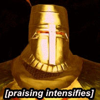 Video game gif. Praise the Sun character of Dark Souls wears a gold helmet and suit of armor as he jitters and glitches. Text, "Praising intensifies."