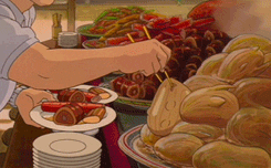 Anime gif. Chihiro's father from Spirited Away loads two plates full of delicious looking food using chopsticks.