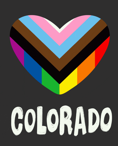 Digital art gif. Beating heart in the colors of the Quasar Pride flag on a soft black background. Text, "Colorado."