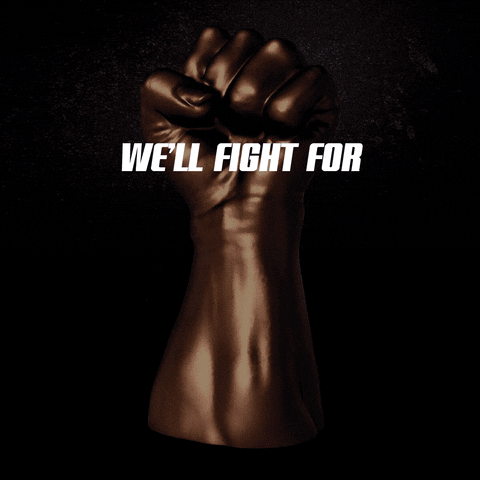 Digital art gif. Chocolatey-bronze raised fist of solidarity spins as if on a lazy susan display, bold shiny text reminiscent of the Fast and the Furious logo rolls in and glistens. Text, "We'll fight for, police, accountability."