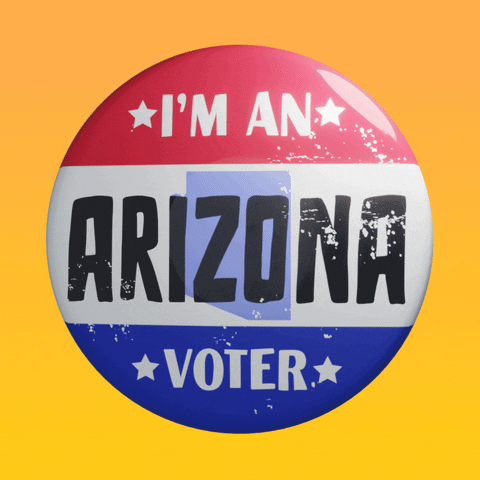 Digital art gif. Round red, white, and blue button featuring the shape of Arizona spins over an orange background. Text, “I’m an Arizona voter.”