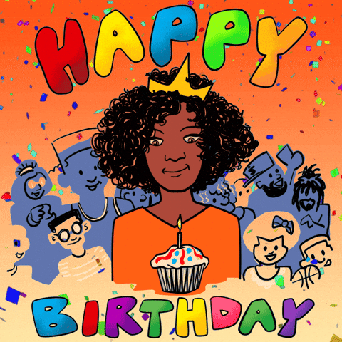 Illustrated gif. A woman is smiling at her birthday cake and blows out her candles while people in the back watch. Text, "Happy Birthday!"