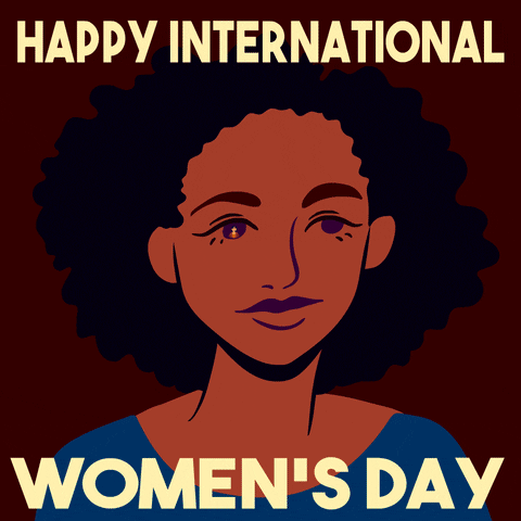 Illustrated gif. We zoom in on the purple eye of a woman with dark curly hair, revealing a person with chin-length black hair, then continue cycling through a cast of diverse women as each person's eye is magnified. Text, "Happy International Women's Day."