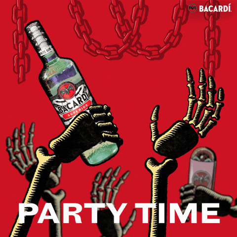 Sponsored gif. Several skeleton hands moving in celebration, holding a Halloween-themed bottle of Bacardi and a cocktail in a tumbler with the Bacardi logo. Text reads "PARTY TIME." 