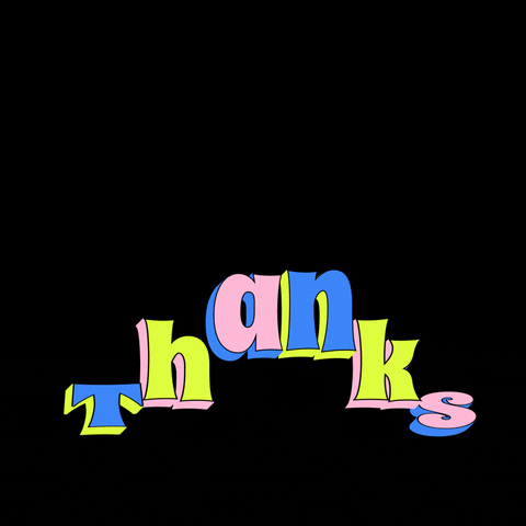 Text gif. Youthful block letters colored blue and pink and yellow bounce up and down on a black background, surrounded by tiny smiley faces and happy hearts. Text, "Thanks, partners!"