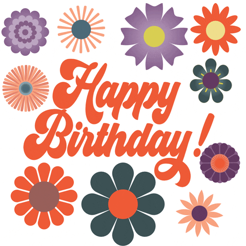 Text gif. The text, "Happy Birthday!" pulses forward and backward, surrounded by digital illustrations of flowers in blue, orange, purple, and yellow, all swirling at different speeds. 