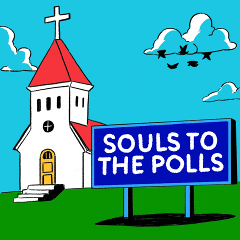 Illustrated gif. Picturesque church in a pristine yard under a clear blue sky, birds flying happily, a sign in the yard reads, "Souls to the polls."