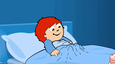 Kreslená pohyblivá animace s dítětem v posteli, obklopeném dalšími dětmi přinášejícími narozeninový dort.