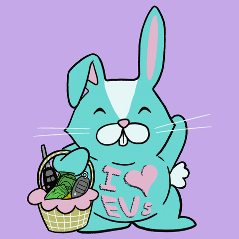 Text gif. Blue and pink bunny on a lavender background, holding an Easter basket with cash and new car keys, smiles and waves, the message "I heart E Vs" written across their furry belly.