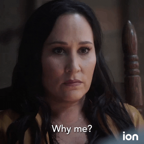 TV gif. Mattie Webber as Meredith on MacGyver looks serious, shrugs and shakes her head, saying, "why me?"