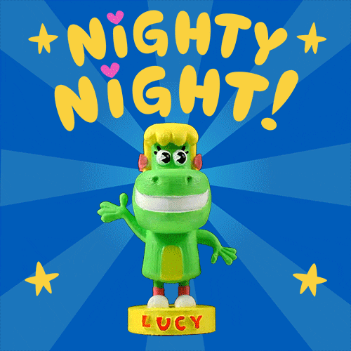 Digital art gif. A toy alligator named Lucy spins on a pedestal with one arm raised. The text above her reads, "Nighty night!"