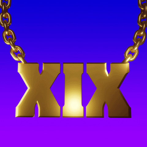 Digital art gif. Gleaming gold chain featuring the letters “XIX” swings back and forth over a blue background.