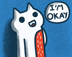 Illustrated gif. White long cat with a red belly has big dot eyes and smiles as it waves its paw. He says, “I’m okay.”