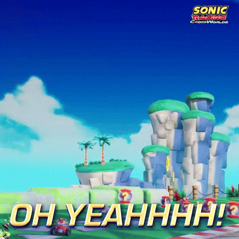 Sponsored gif. Large mechanical whale from Sonic the Hedgehog jumps out of the water and into the air over a race course. Text reads, “Oh yeahhhh!”