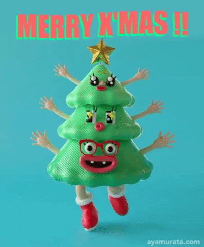 Digital art gif. A 3D rendering of a Christmas tree, dancing around on two legs with red boots. Each section of the tree is a different character with its own arms and face: the top two have sparkly eyes, while the third has wide eyes, red glasses, and two big front teeth spaced far apart. Wavy text, "Merry X Mas!"