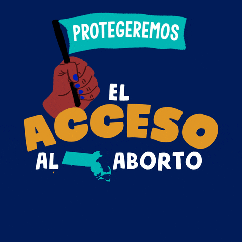 Text gif. Brown hand with blue fingernails in front of navy blue background waves an aqua-blue flag up and down that reads, “Protegeremos” followed by the text, “El acceso al aborto Massachusetts.”