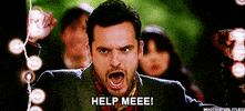 TV gif. Jake Johnson as Nick in New Girl raises both of his arms in fists, eyebrows furrowed and mouth open wide. He mouths the drawn-out words at the bottom of the screen, "Help Me!"