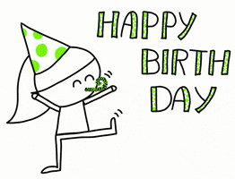 Digital illustration gif. Smiling stick figure person wearing a party hat does a little dance while blowing a party horn. Text, "Happy birthday."