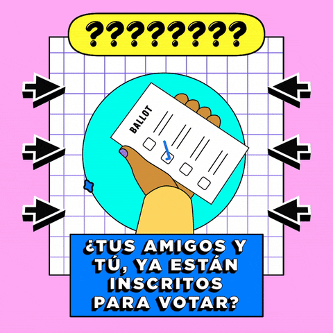 Digital art gif. Hand holding a ballot waves in front of a grid against a lilac background. The hand is surrounded by black arrows pointing toward it and eight checkmarks above it. Text, “Tus amigos y tu, ya estan inscritos para votar?”