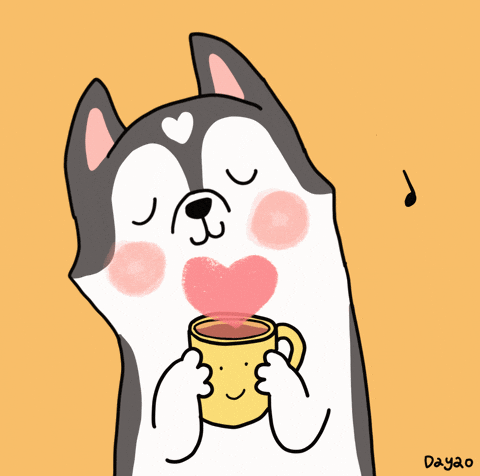 Illustrated gif. A blushing husky with a heart on its forehead holds a steaming mug that also has hearts coming out of it. Music notes surround the pup while it dances in cozy pleasure.