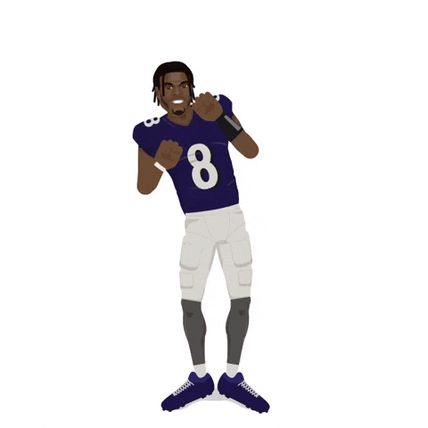 Sports gif. Lamar Jackson of the Baltimore Ravens wears his football jersey and sneakers as he dances in place, raising an eyebrow and doing a sassy dance like he's celebrating a personal victory. Text, "Action Jackson."