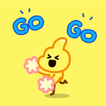 Cartoon gif. A yellow character with palm palms turns side to side, shaking the palm palms up and down. They have an XD expression, open mouthed smile and closed eyes. Bouncing text reads, "Go, go"