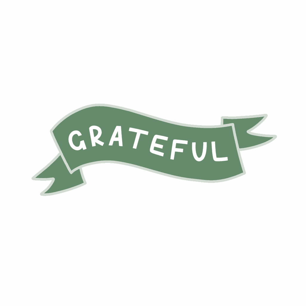 Text gif. Decorated in a green ribbon reads the word, “grateful.”