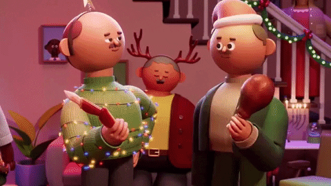 Animovaný pohyblivý obrázek s rodinou v obýváku, oslavujících Vánoce.