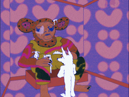 Digital art gif. A colorful, surrealist scene of an Egyptian dog standing before a humanoid primate wearing a bear costume, mini Egyptian dogs dripping all over them.