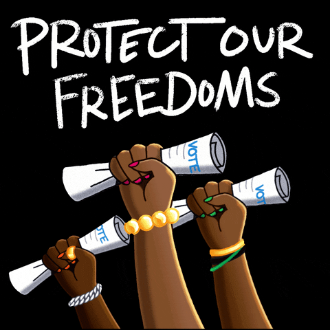 Illustrated gif. Fists raised in solidarity against a black background, all waving rolled-up papers that say "vote." Text, "Protect our freedoms."