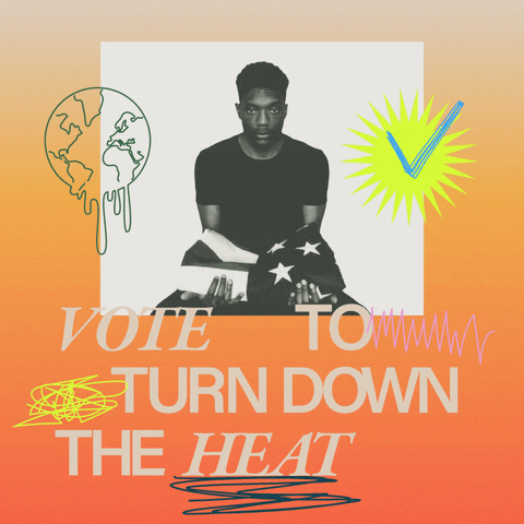Digital art gif. Photo of a solumn young Black man holding an American flag in his arms atop a tie-dye orange background, all around doodles of a melting Earth, a spinning sun, aggressive zig-zags and frantic lines for emphasis. Text, "Vote to turn down the heat."