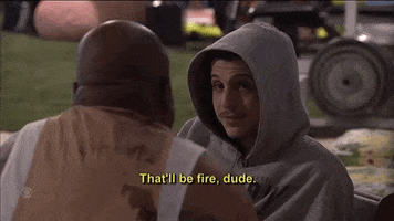 Reality TV gif. On Big Brother, Terrance Higgins faces Matthew Turner, who smiles and nods while telling Terrance, "That'll be fire, dude," which appears as text.